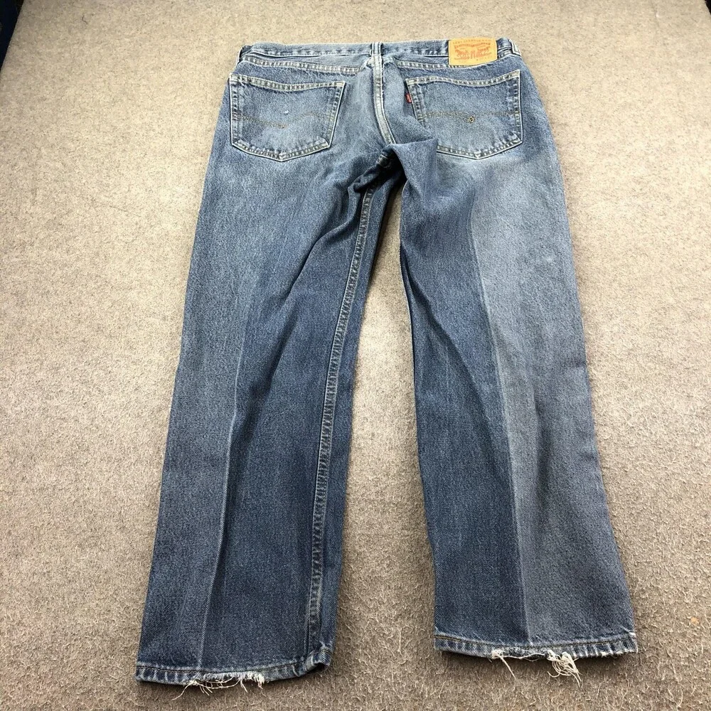 Levis 505 Jeans Mens 36x29 Blue Medium Wash Regular Straight Distressed Denim